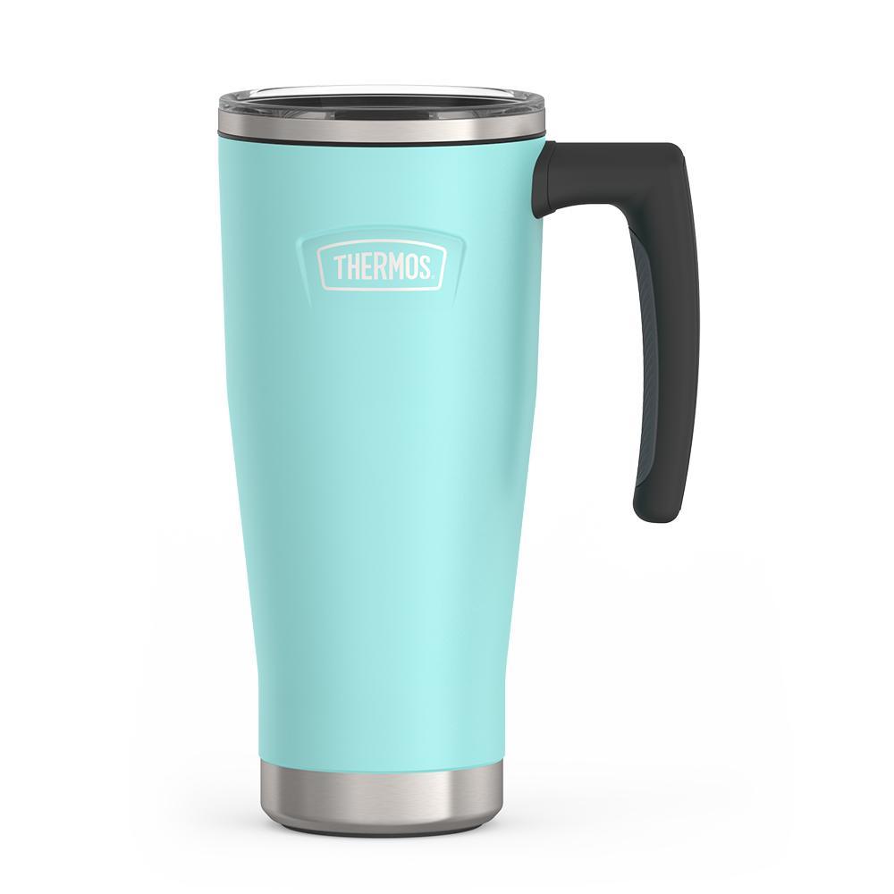 Thermos 18 ounce Stainless Steel Mug with handle and slide lock lid, front view, Sea Green.