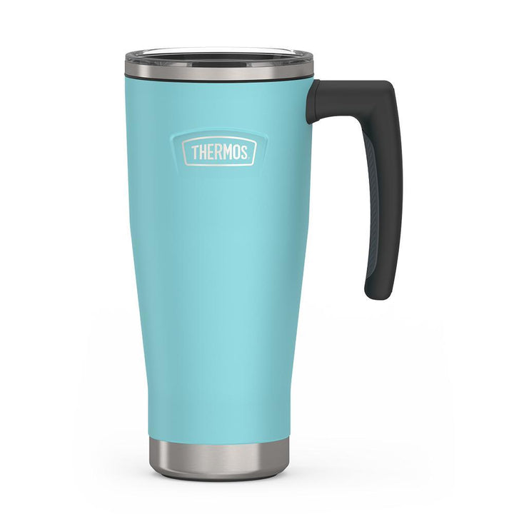 Thermos 18 ounce Stainless Steel Mug with handle and slide lock lid, front view, Sea Green.