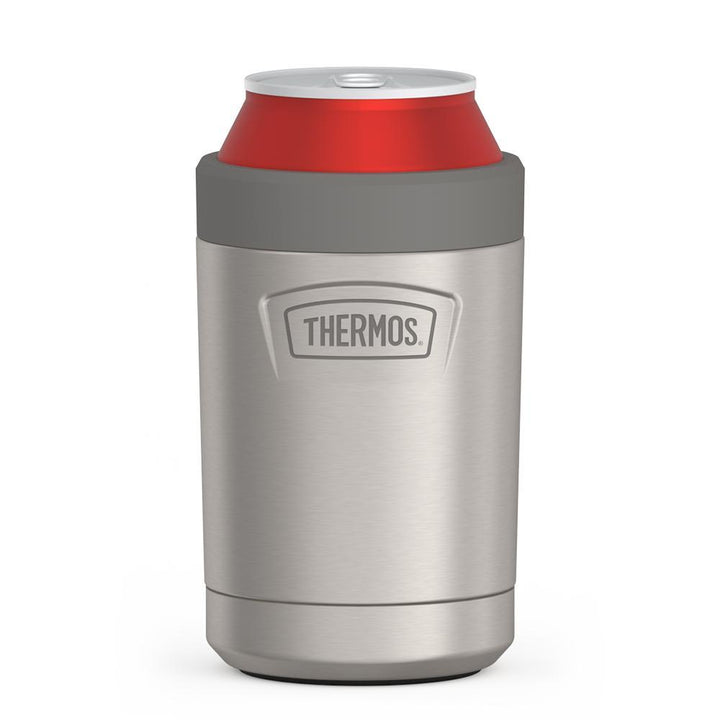 12 ounce can insulator with Quick Change retention ring to secure the can, Matte Stainless Steel, front view with can.
