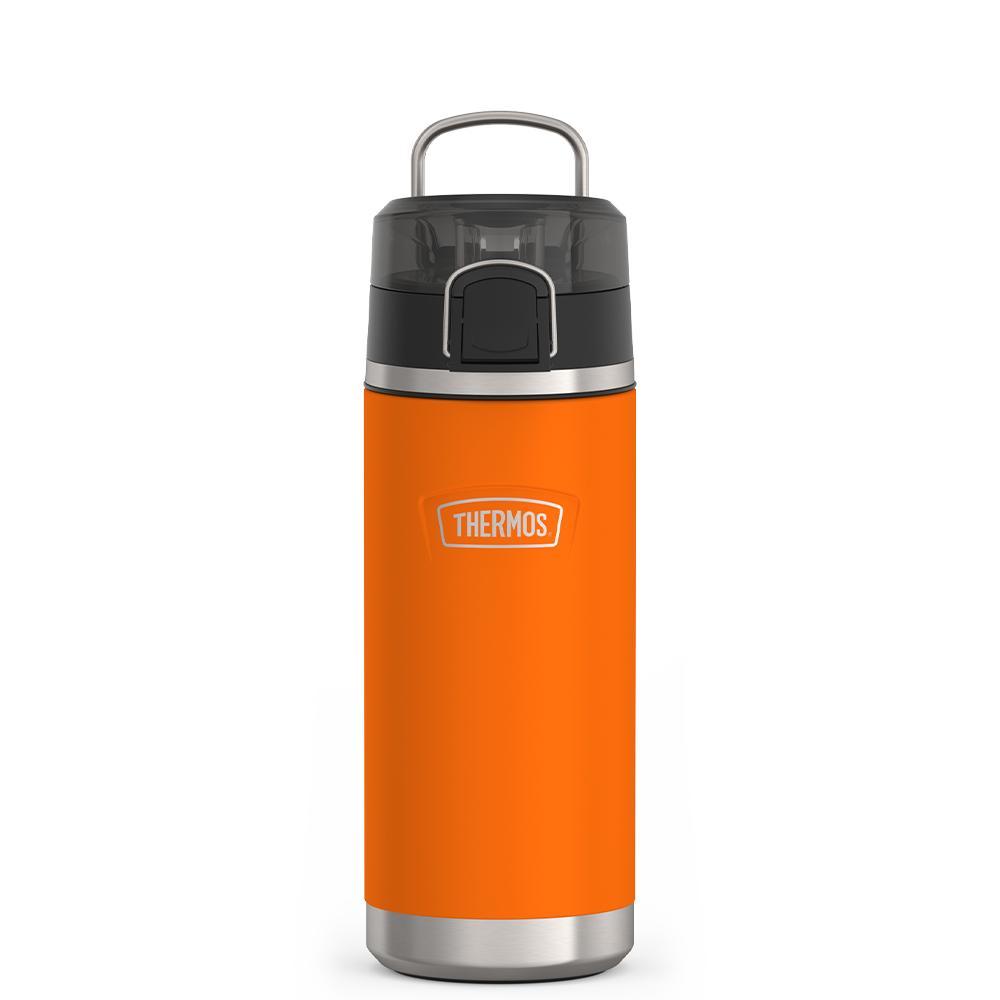 Thermos 18 ounce Stainless Steel Water Bottle with locking, covered spout lid, front view, Orange.