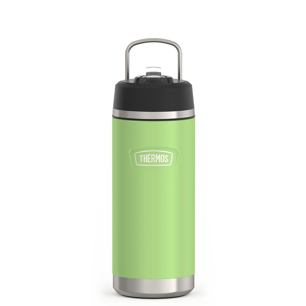 Thermos 18 ounce Stainless Steel Water Bottle with flip-up straw, front view with metal handle up, Lime Green.