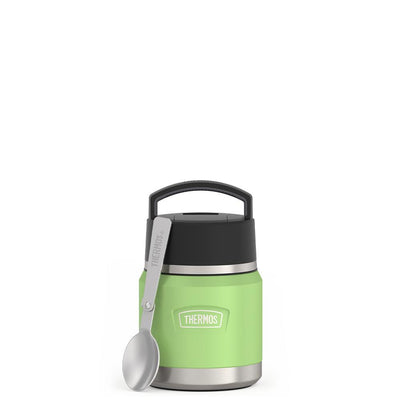 12 ounce Icon Kids Food Jar, front view with unfolded spoon, Lime Green.