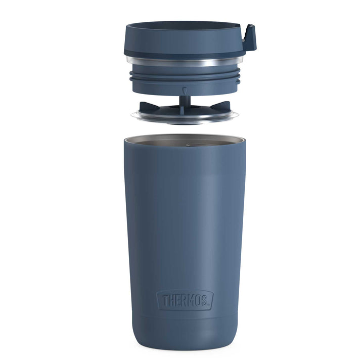 12 ounce alta tumbler, blue, lid unassembled.