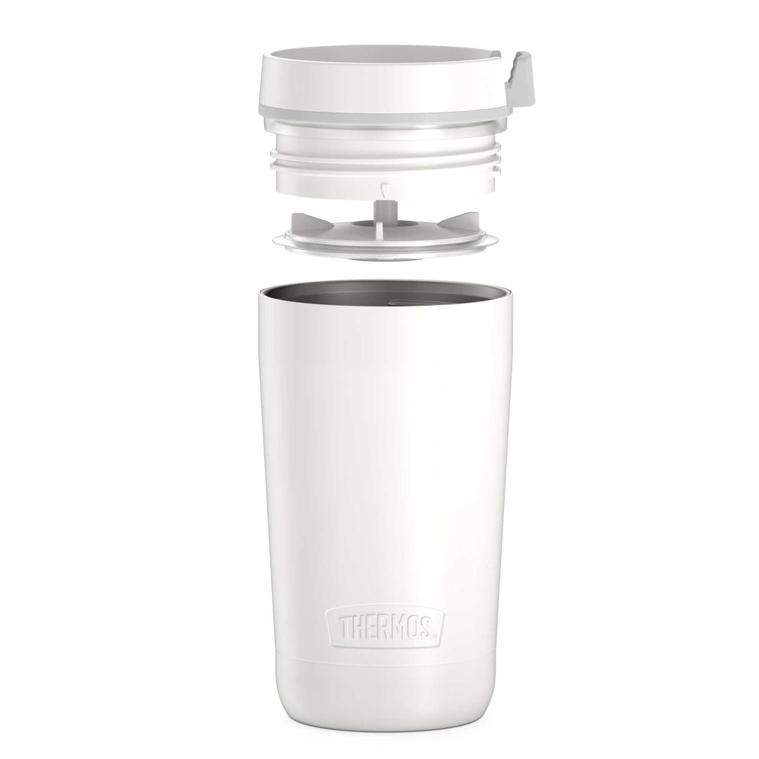 12 ounce alta tumbler, white, lid unassembled.