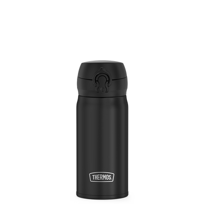 12oz Stainless Steel Direct Drink Bottle, Black, front view. 