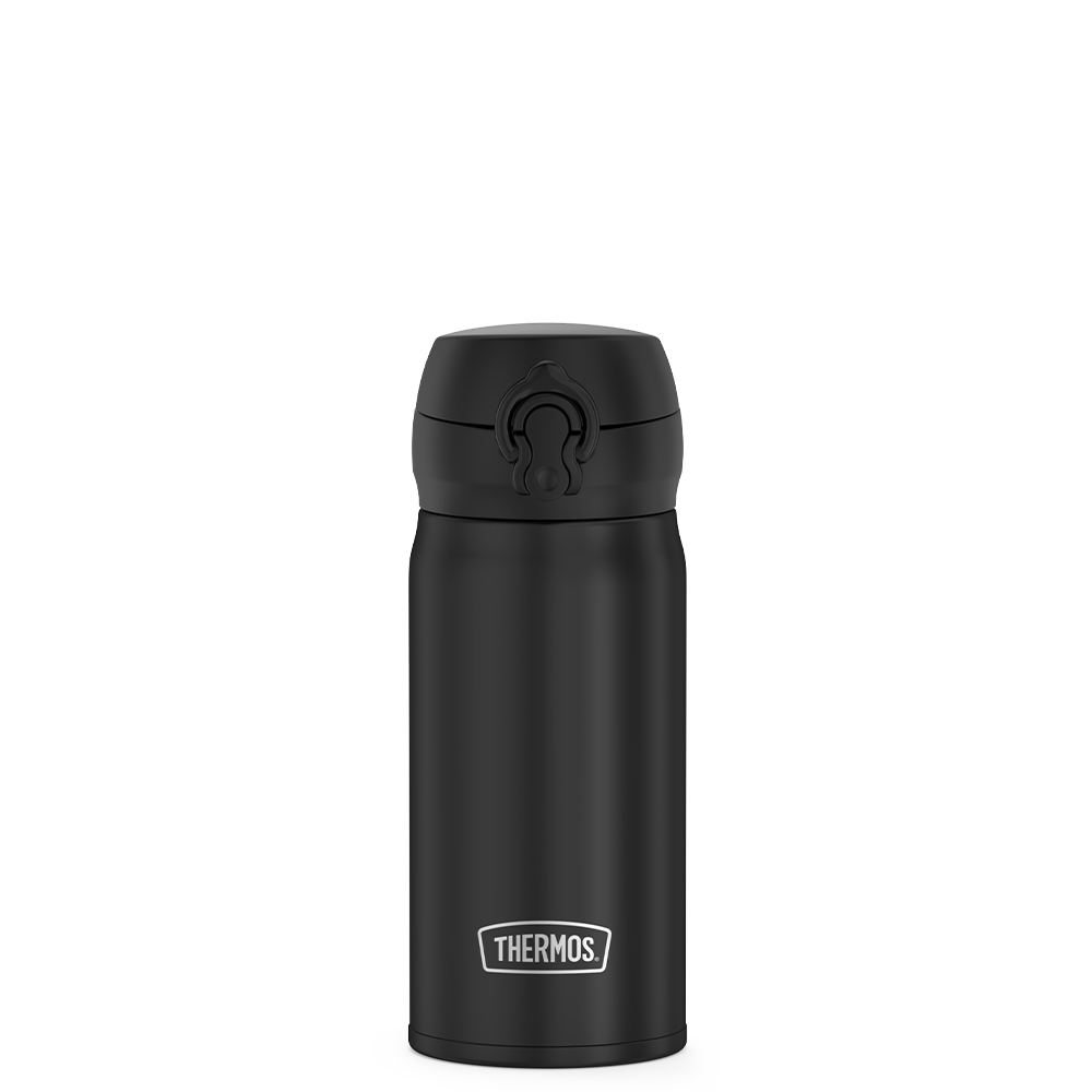 12oz Stainless Steel Direct Drink Bottle, Black, front view. 