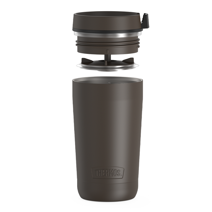 12 ounce alta tumbler, espresso black, lid unassembled.