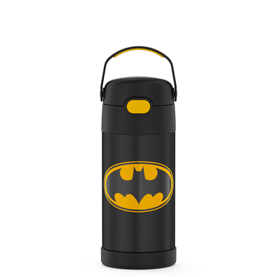 12 ounce Funtainer water bottle, Batman, front view, handle up.