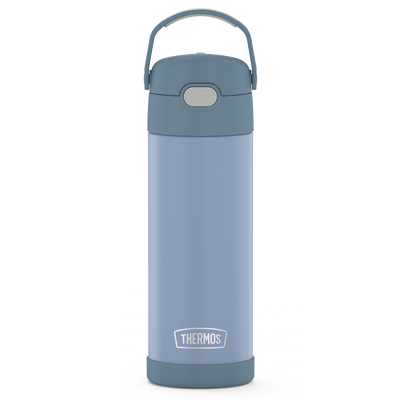  16-ounce  Funtainer Stainless Steel Water Bottle with Spout in Denim blue color, front view. 