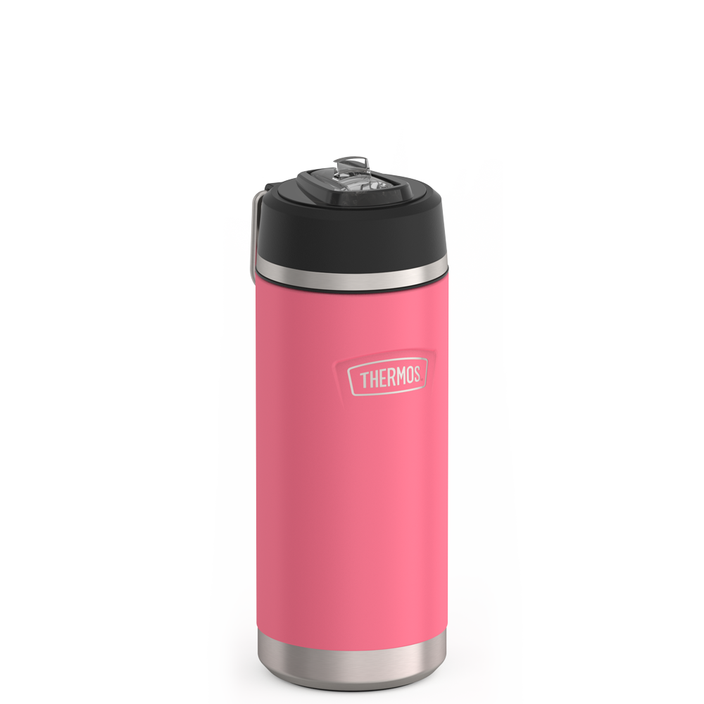 Thermos 18 ounce Stainless Steel Water Bottle with flip-up straw, side view with metal handle down, Hot Pink.