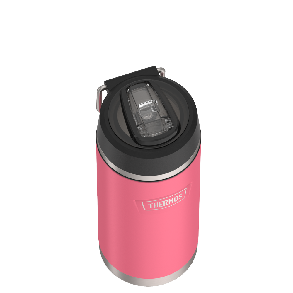 Thermos 18 ounce Stainless Steel Water Bottle with flip-up straw, top view with straw flipped down, Hot Pink.