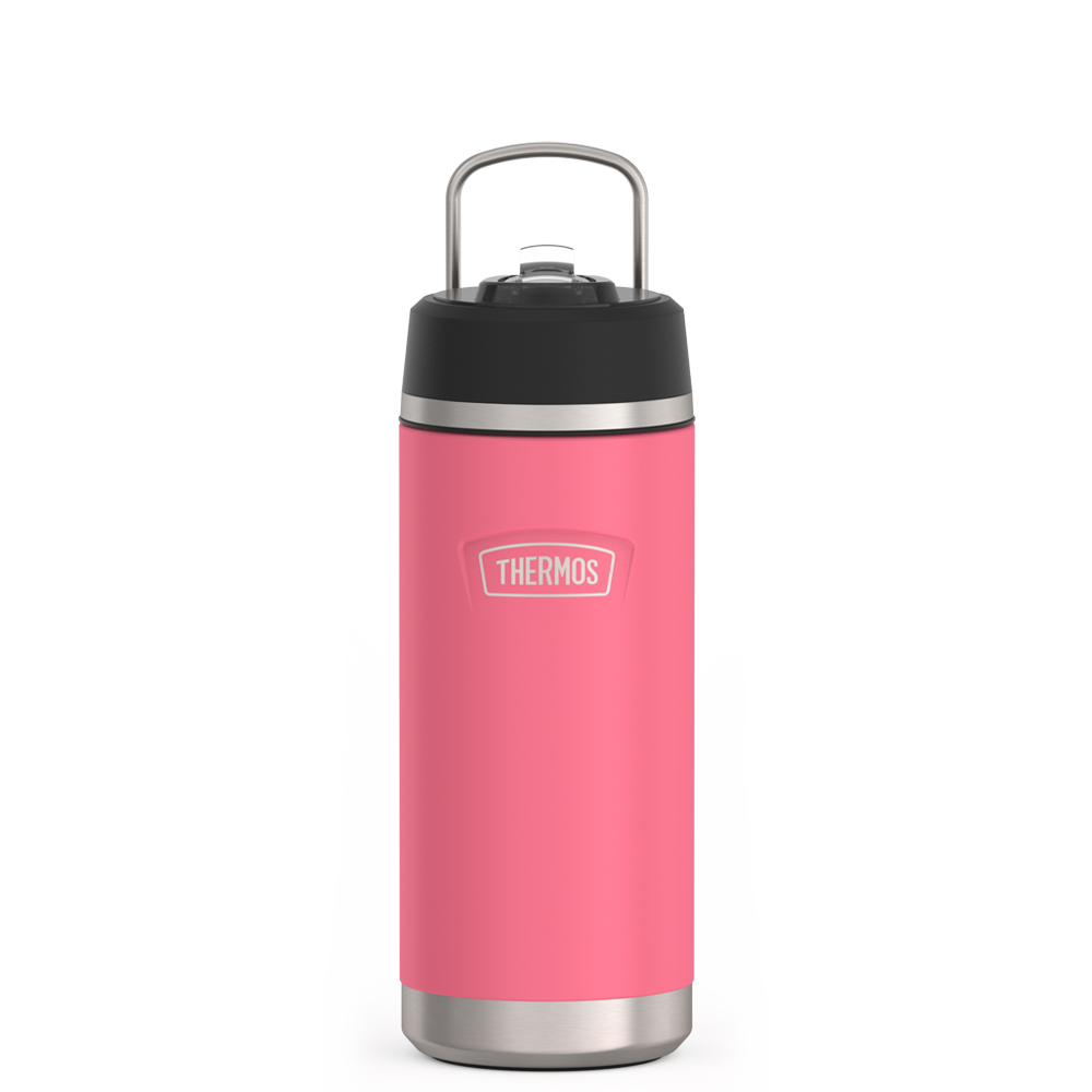 Thermos 18 ounce Stainless Steel Water Bottle with flip-up straw, front view with metal handle up, Hot Pink.