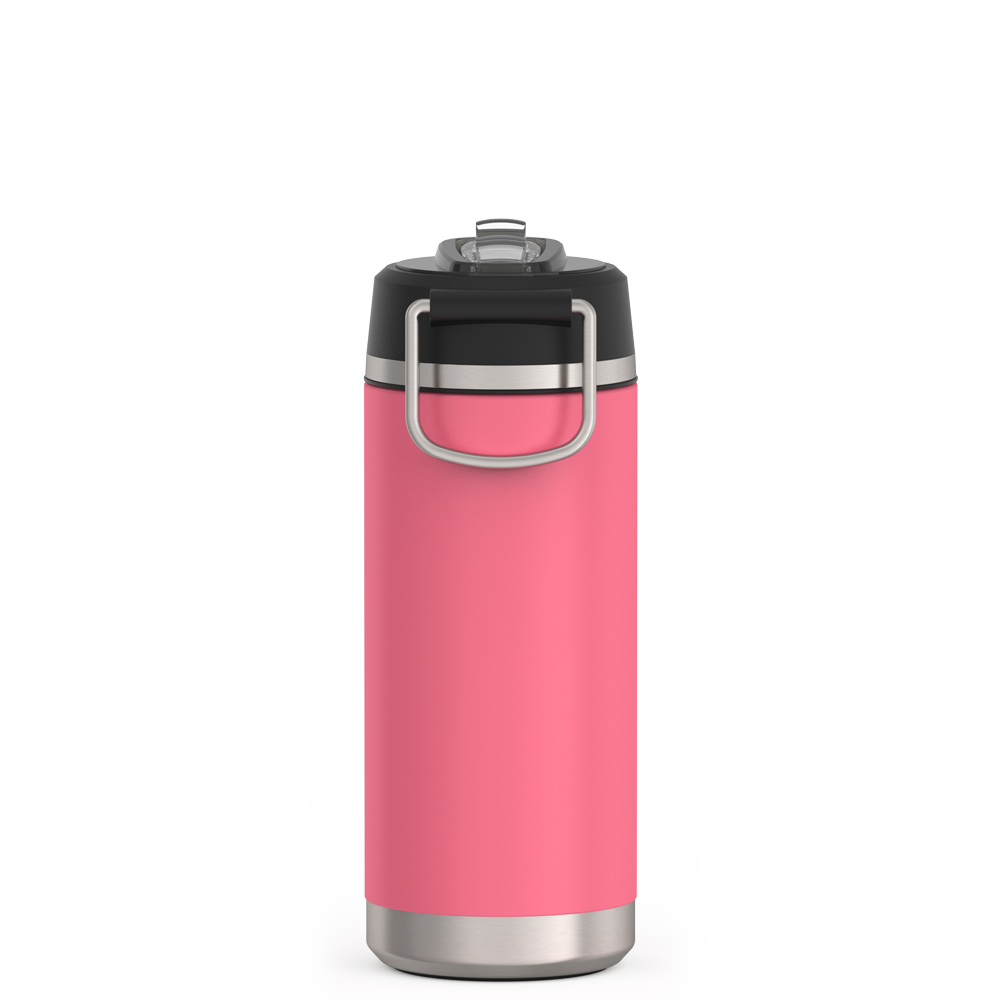 Thermos 18 ounce Stainless Steel Water Bottle with flip-up straw, back view, Hot Pink.