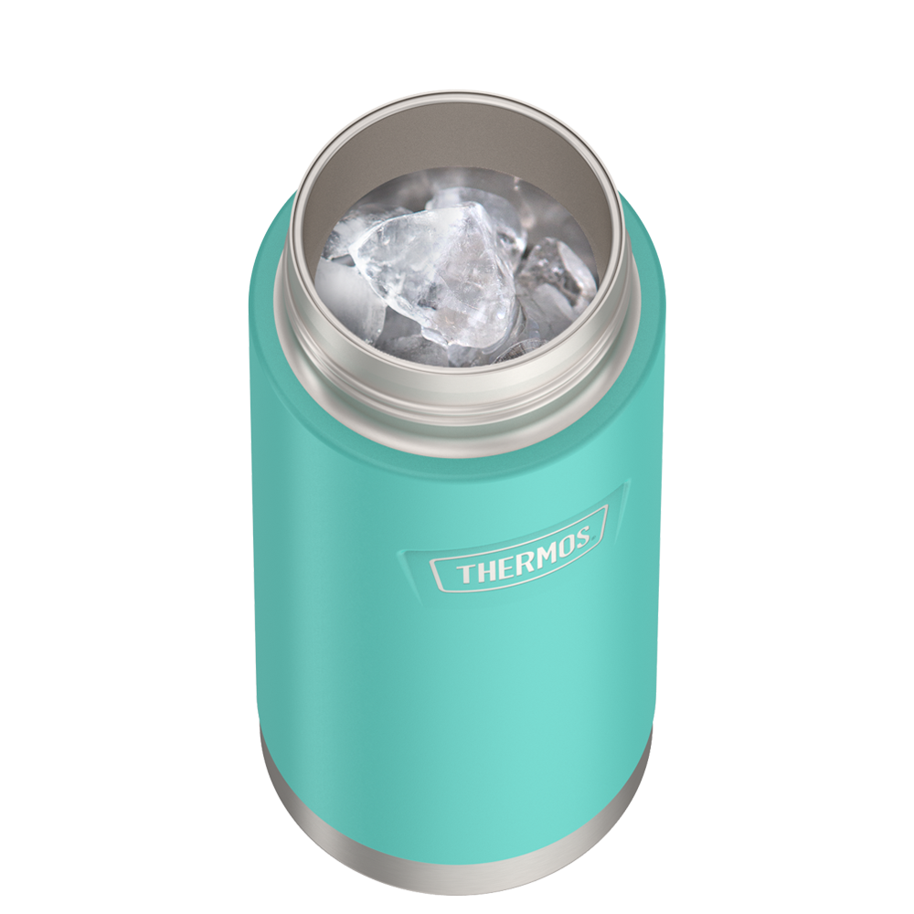 Thermos 18 ounce Stainless Steel Water Bottle with flip-up straw, top view with lid off and showing ice inside, Seafoam.