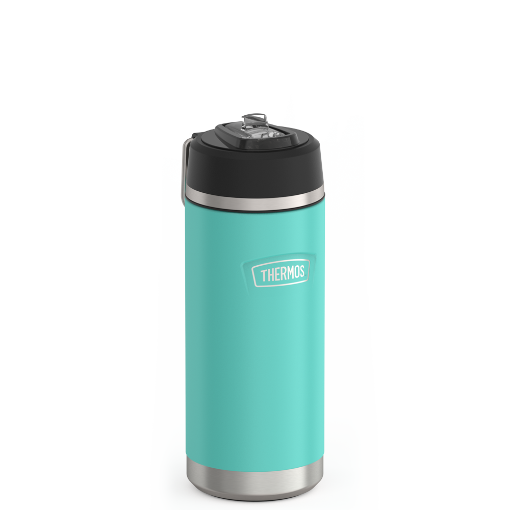 Thermos 18 ounce Stainless Steel Water Bottle with flip-up straw, side view with metal handle down, Seafoam.