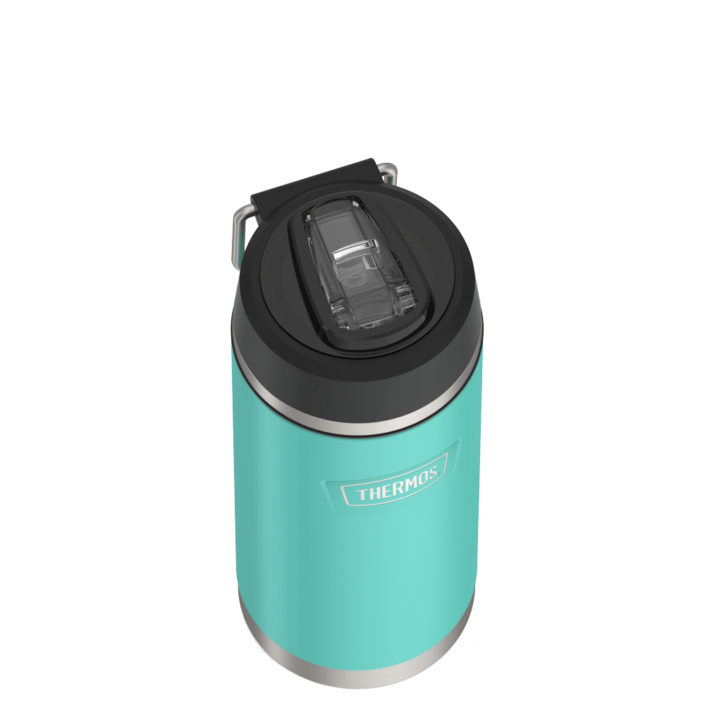 Thermos 18 ounce Stainless Steel Water Bottle with flip-up straw, top view with straw flipped down, Seafoam.