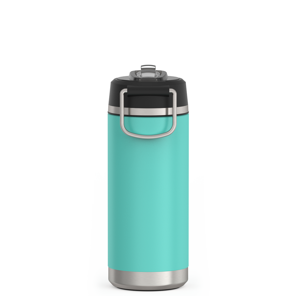 Thermos 18 ounce Stainless Steel Water Bottle with flip-up straw, back view, Seafoam.